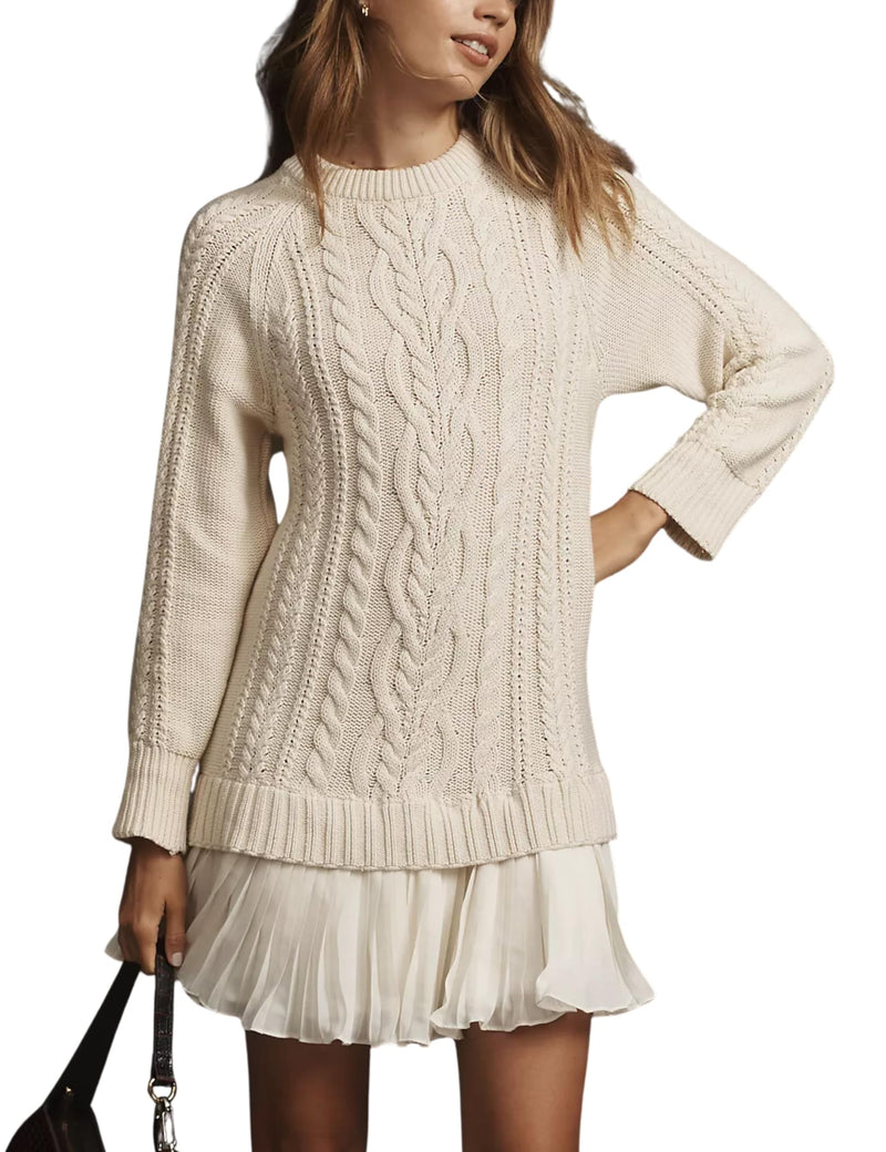✨Women Crewneck Cable Knit Sweater Mini Dress