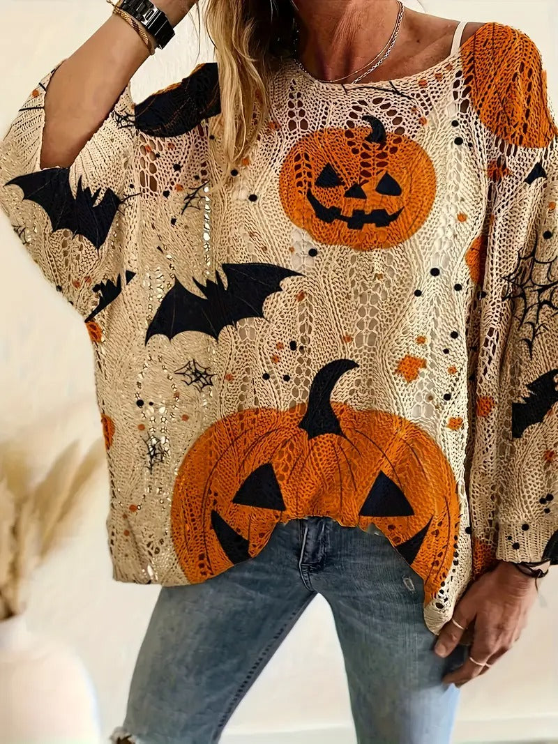 ✨Halloween Crew Neck Pumpkin Loose Fit Long Sleeve Cutout Sweater