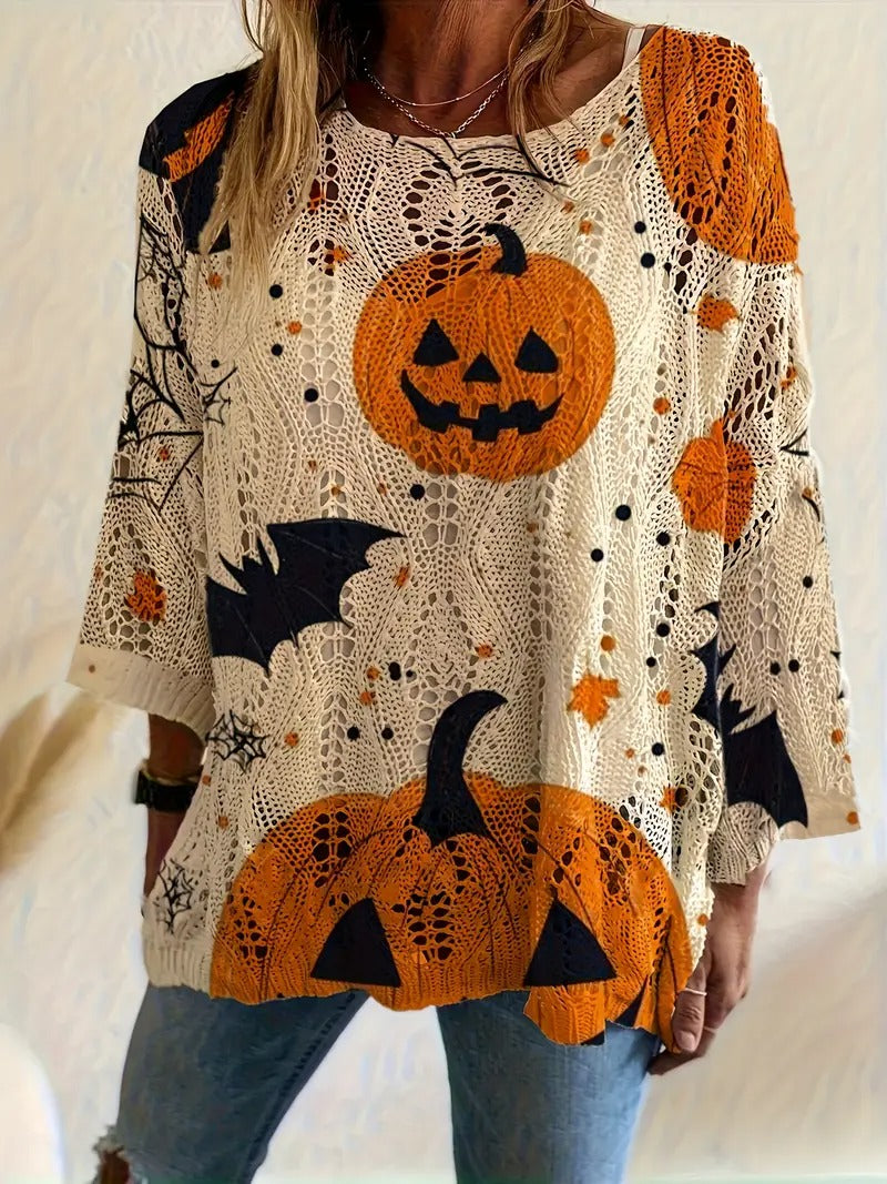 ✨Halloween Crew Neck Pumpkin Loose Fit Long Sleeve Cutout Sweater