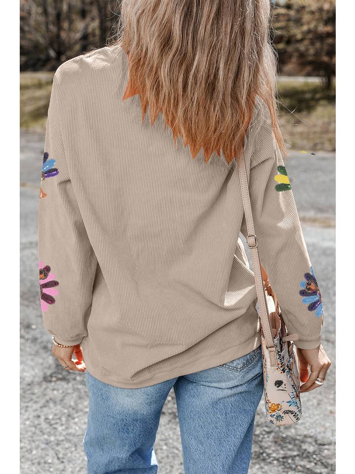 Women's Sequin Turkey Patch Thanksgiving Corduroy Sweatshirt