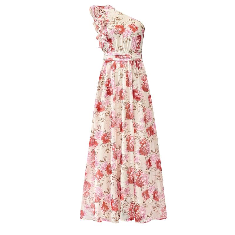 Women Summer One Shoulder Floral Beach Vacation Maxi Dress